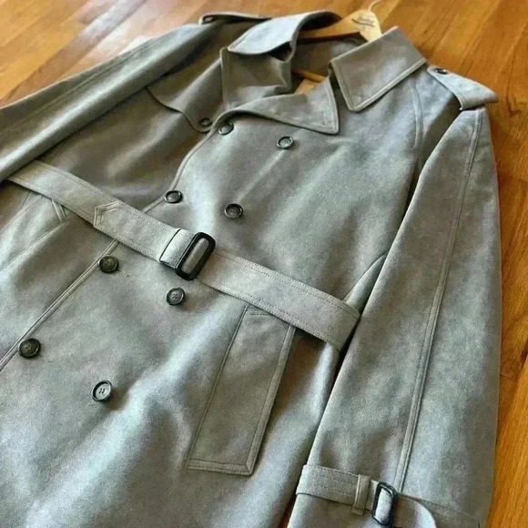 Jeffrey Bank for Lakeland Alcantara Grey Suede  Trench Coat 46L Vintage‎ 1990 - Picture 7 of 14